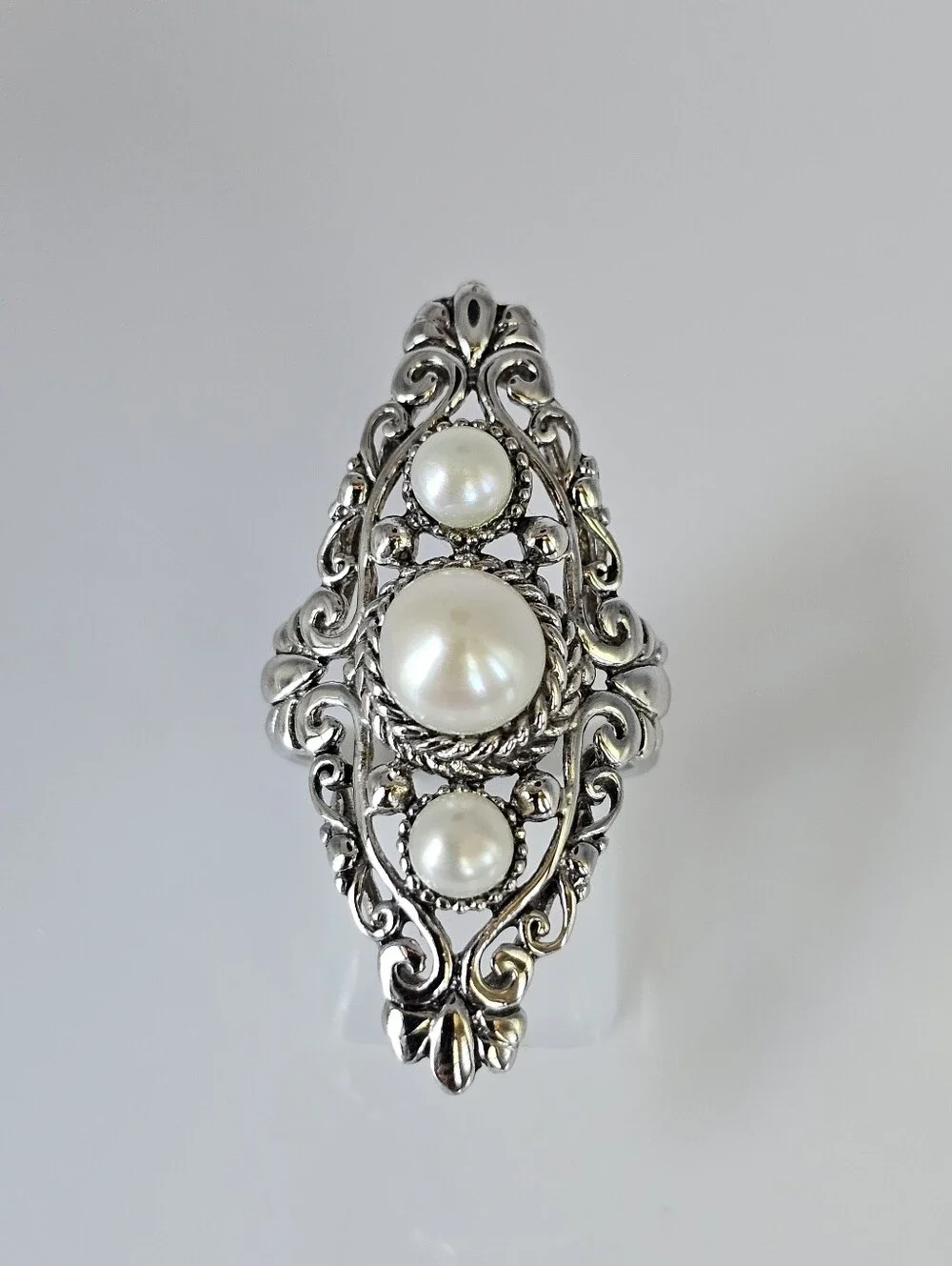 Genuine Cultured Pearl Elongated Sterling Silver Ring Size 8!